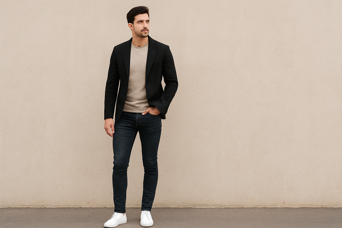 A man in a black blazer and skinny jeans stands casually against a wall.
