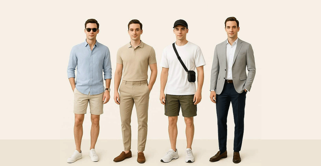 Four men dressed in diverse styles of clothing, showcasing a variety of fashion choices.