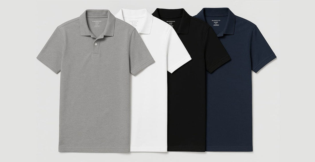 Four men's polo shirts displayed in various colors, showcasing options for choosing the best fit.