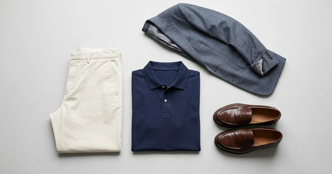 Flat lay of a navy polo shirt with cream chinos and a gray blazer.