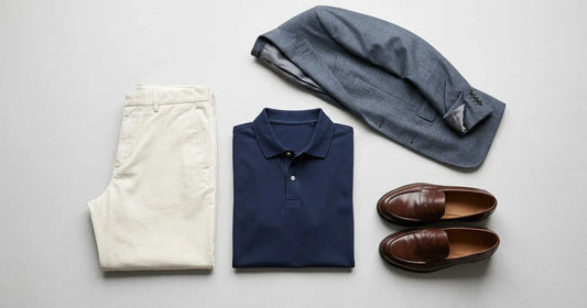 Flat lay of a navy polo shirt with cream chinos and a gray blazer.