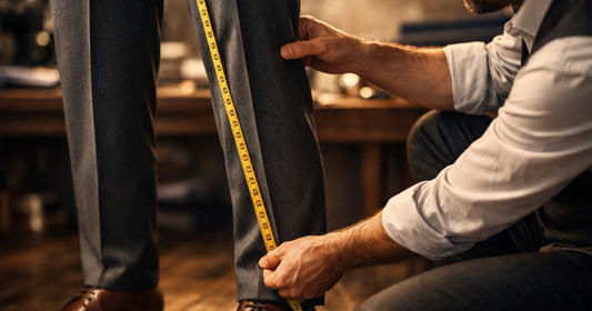 Tailor measuring the inseam of a man's trousers with a tape measure in a tailoring studio.