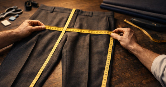Men’s trousers laid flat on a table while a tailor measures waist and leg length with a tape measure.