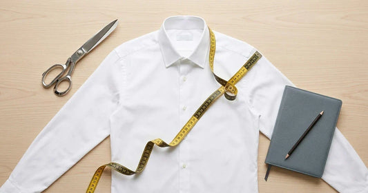 Close-up of a tailor's measuring tape on a dress shirt.