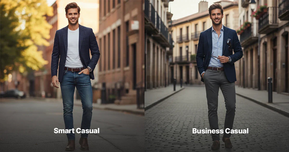 Two men showcase smart casual and business casual outfits on city streets.