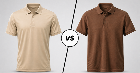 Beige polyester polo shirt compared with brown cotton polo shirt. 