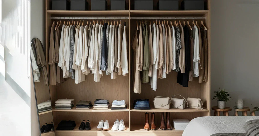 A meticulously organized capsule wardrobe in a light, minimalist wooden closet.