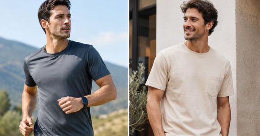 A man jogging in a gray T-shirt beside a man wearing a beige T-shirt.