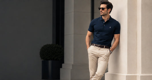 Stylish man in a navy polo shirt and beige trousers leaning against a modern building.