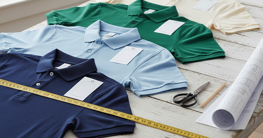 Three polo shirts in various colors and a ruler on a table, illustrating a men's t-shirt size chart for proper fit.