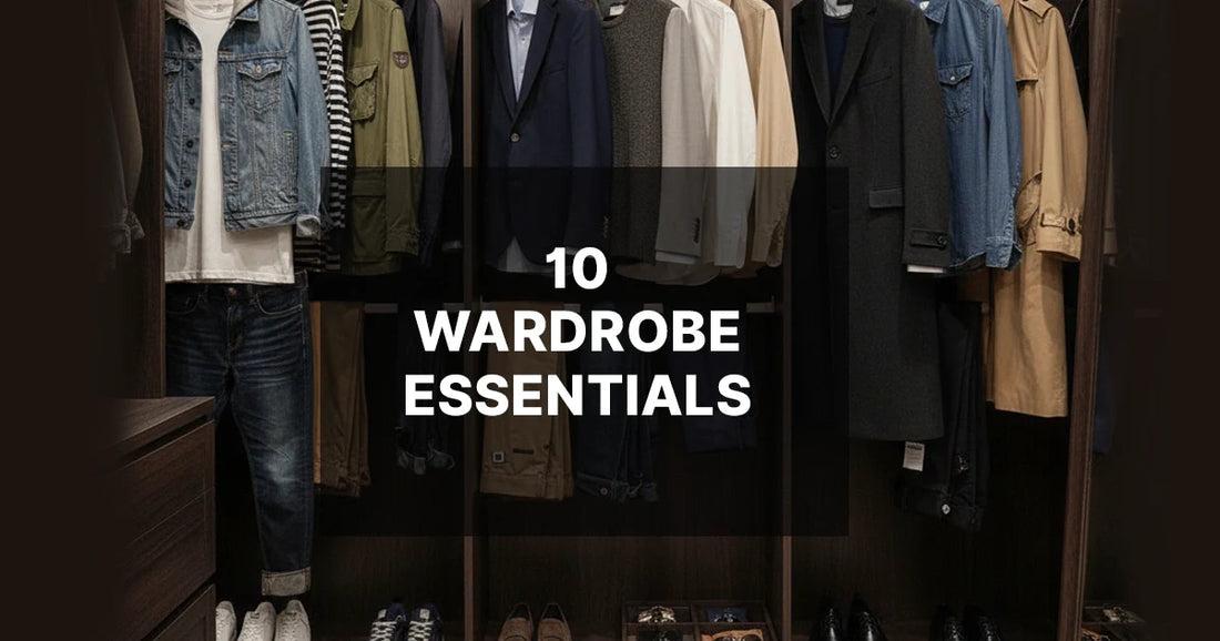 A minimalist wardrobe with 10 essential clothing items displayed neatly.