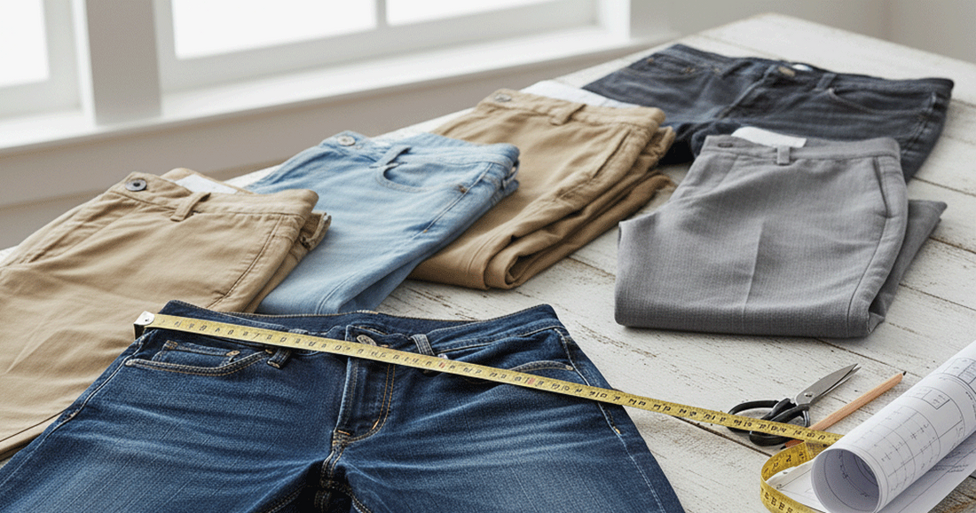  A pair of jeans, a ruler, and a tape measure arranged to illustrate how to measure waist size for pants.