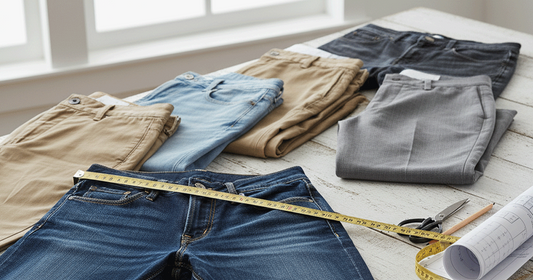  A pair of jeans, a ruler, and a tape measure arranged to illustrate how to measure waist size for pants.