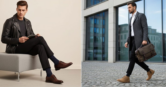 Two images of a man in a suit and a man in a suit with a tie, illustrating styles for pairing black pants with brown shoes.
