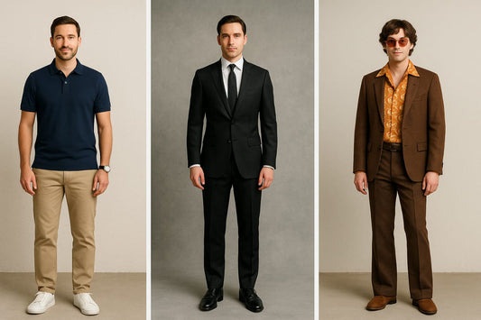 Three men in various suits and ties, showcasing styles for dressing at men's parties.