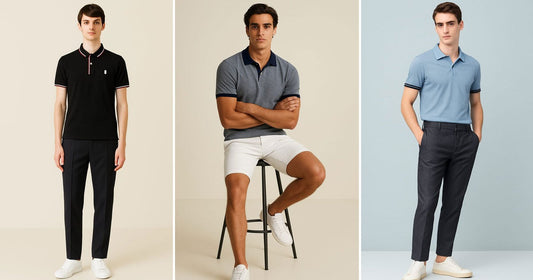 Three men's polo shirts displayed in various colors, showcasing different styles and options for casual wear.