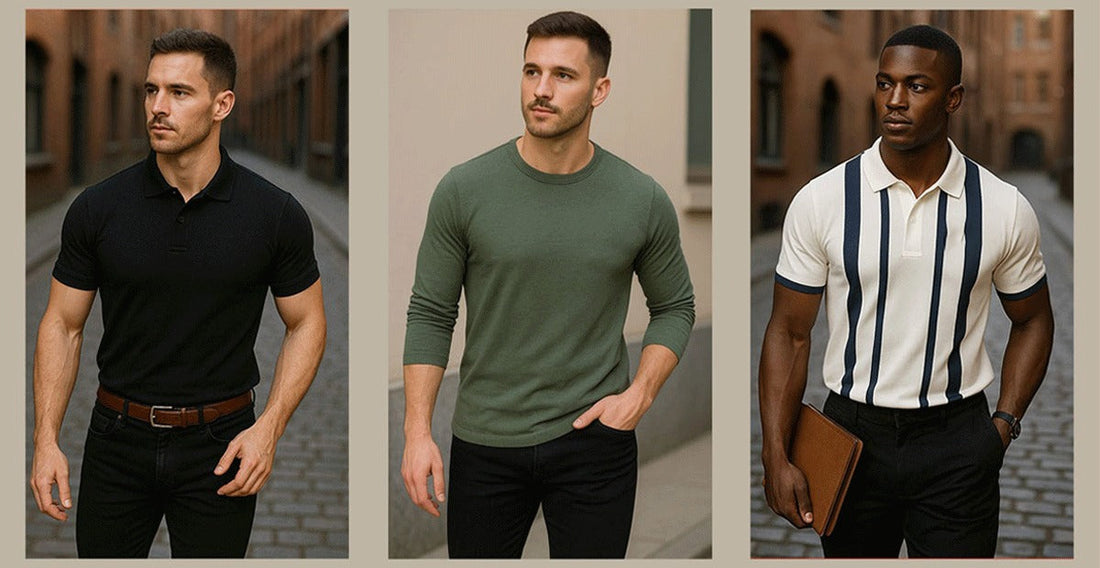 Three men in smart casual attire, each wearing a distinct shirt style, showcasing a variety of fashion choices.