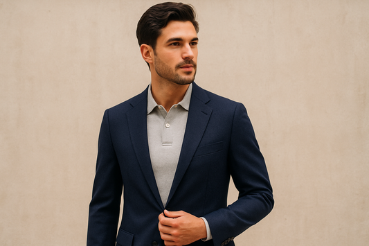 A man wearing a blue blazer with a polo shirt stands confidently, showcasing a professional appearance.